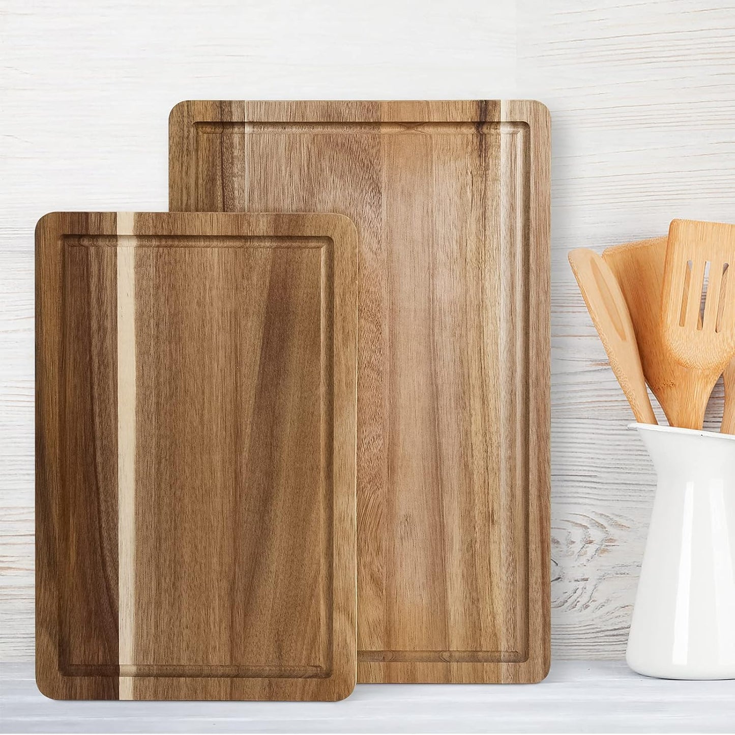 Acacia Wood Cutting Board Set with Juice Groove and Handles - Reversible Chopping Boards for Meat, Vegetables, Fruits, Bread, and Cheese (2 Piece)