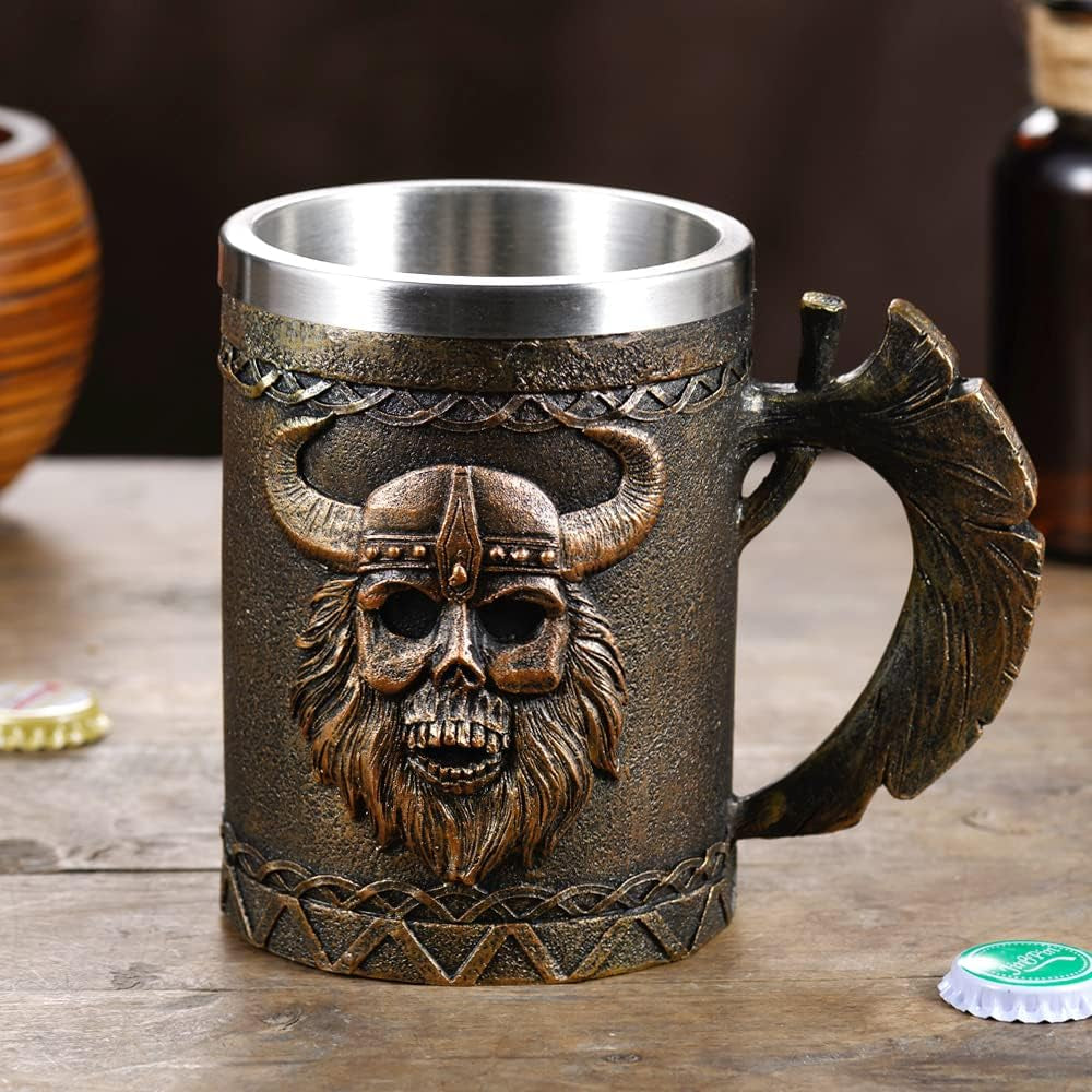 Stainless Steel Viking Skull Mug+Coaster,Double Handle Horn Skull Beer Mug Tankard, Medieval Drinkware Mug for Coffee/Beverage/Juice17Oz.