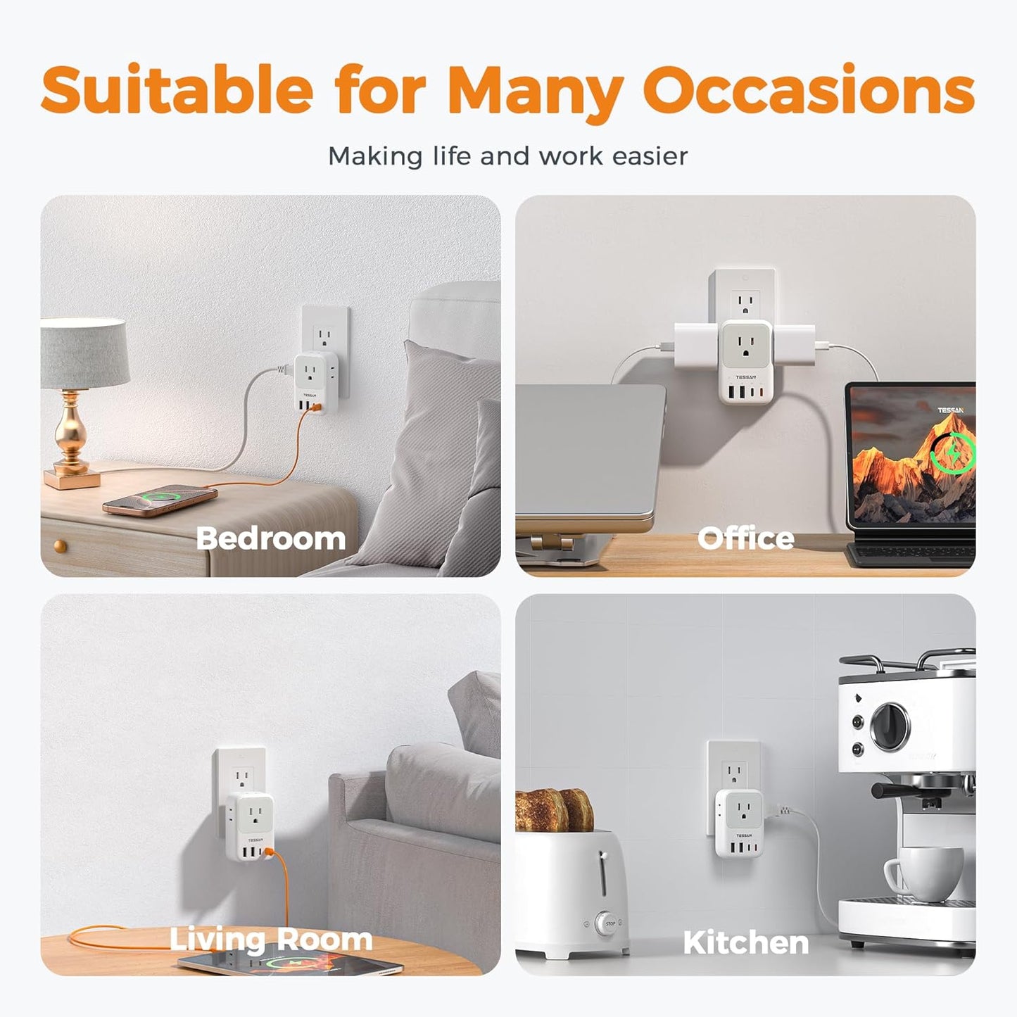 USB C Charger Block 20W, PD Fast Charging Adapter with Foldable Plug, 1875W Power Outlet Extender(4 AC and 4 USB) for Cruise, Home, Office, Dorm