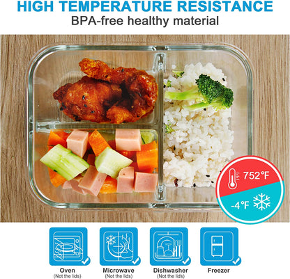 3 Pack 36Oz Bento Box Glass Meal Prep Containers with 3 Compartments, Glass Food Storage Containers with Lids, Meal Prep Bowls, Lunch Box, Oven & Microwave Safe
