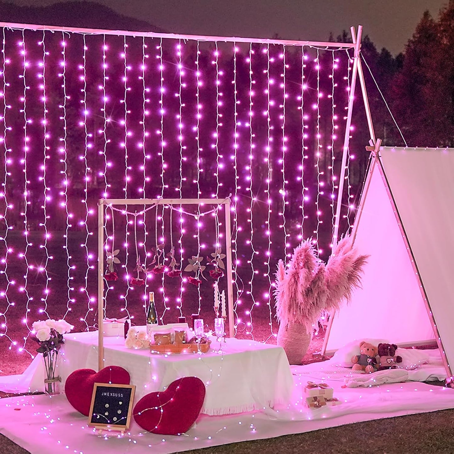 300 LED Curtain Lights Plug in with Remote, 9.8X9.8FT Pink Christmas Lights Indoor, 8 Modes Pink String Lights for Bedroom Window Wall Party Backdrop Xmas Valentine Decorations