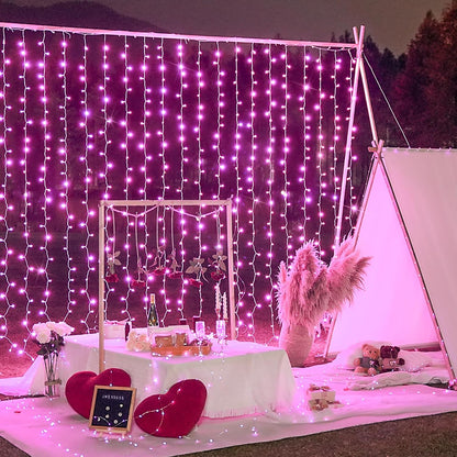300 LED Curtain Lights Plug in with Remote, 9.8X9.8FT Pink Christmas Lights Indoor, 8 Modes Pink String Lights for Bedroom Window Wall Party Backdrop Xmas Valentine Decorations