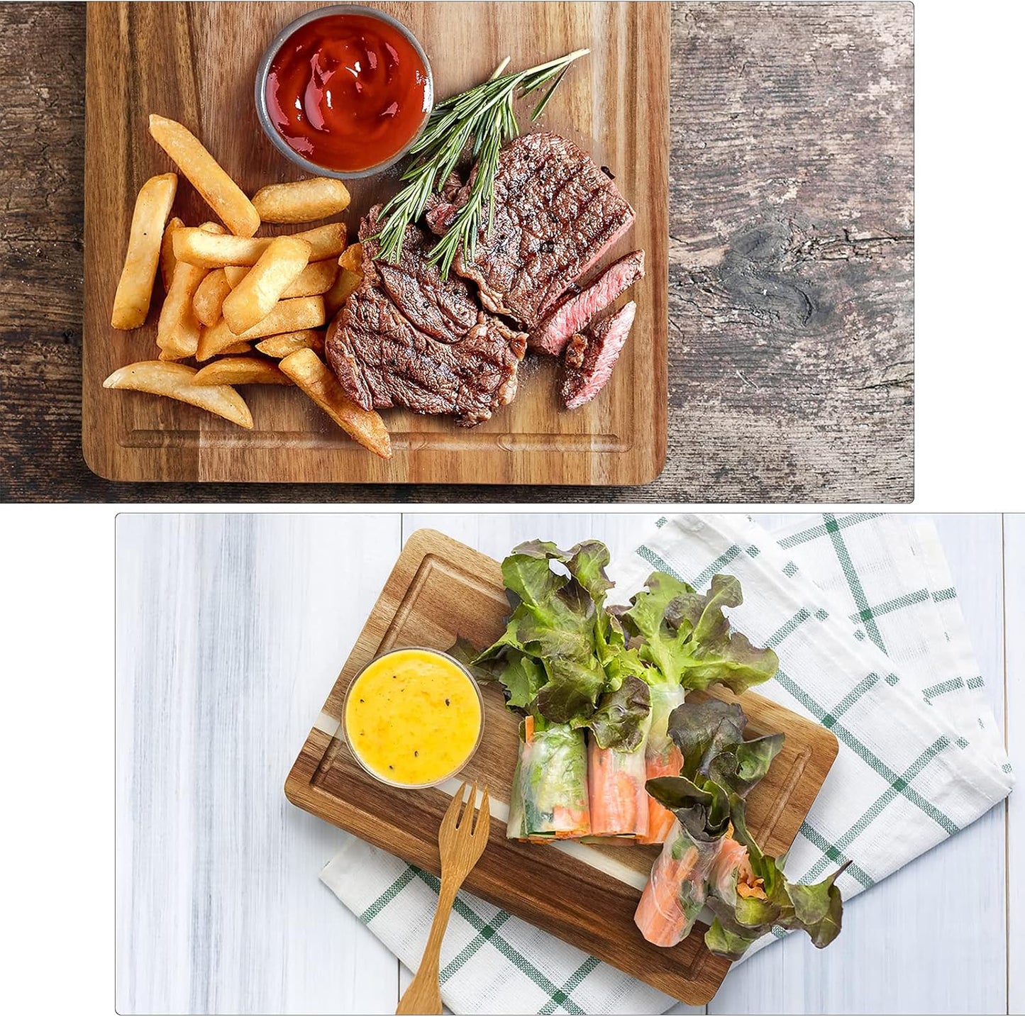 Acacia Wood Cutting Board Set with Juice Groove and Handles - Reversible Chopping Boards for Meat, Vegetables, Fruits, Bread, and Cheese (2 Piece)