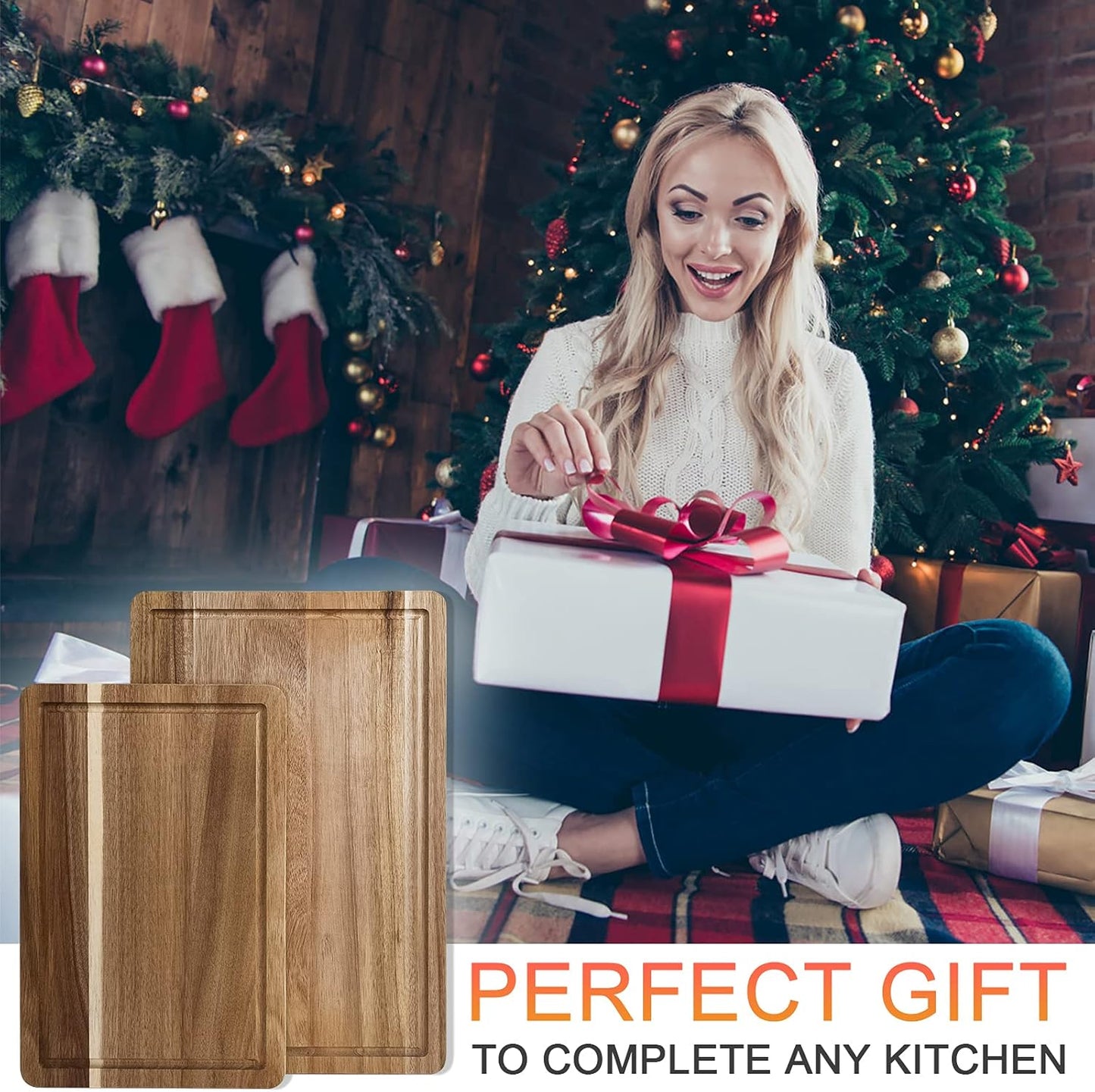 Acacia Wood Cutting Board Set with Juice Groove and Handles - Reversible Chopping Boards for Meat, Vegetables, Fruits, Bread, and Cheese (2 Piece)