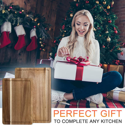 Acacia Wood Cutting Board Set with Juice Groove and Handles - Reversible Chopping Boards for Meat, Vegetables, Fruits, Bread, and Cheese (2 Piece)
