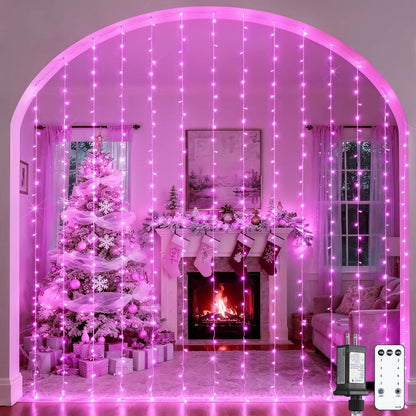 300 LED Curtain Lights Plug in with Remote, 9.8X9.8FT Pink Christmas Lights Indoor, 8 Modes Pink String Lights for Bedroom Window Wall Party Backdrop Xmas Valentine Decorations