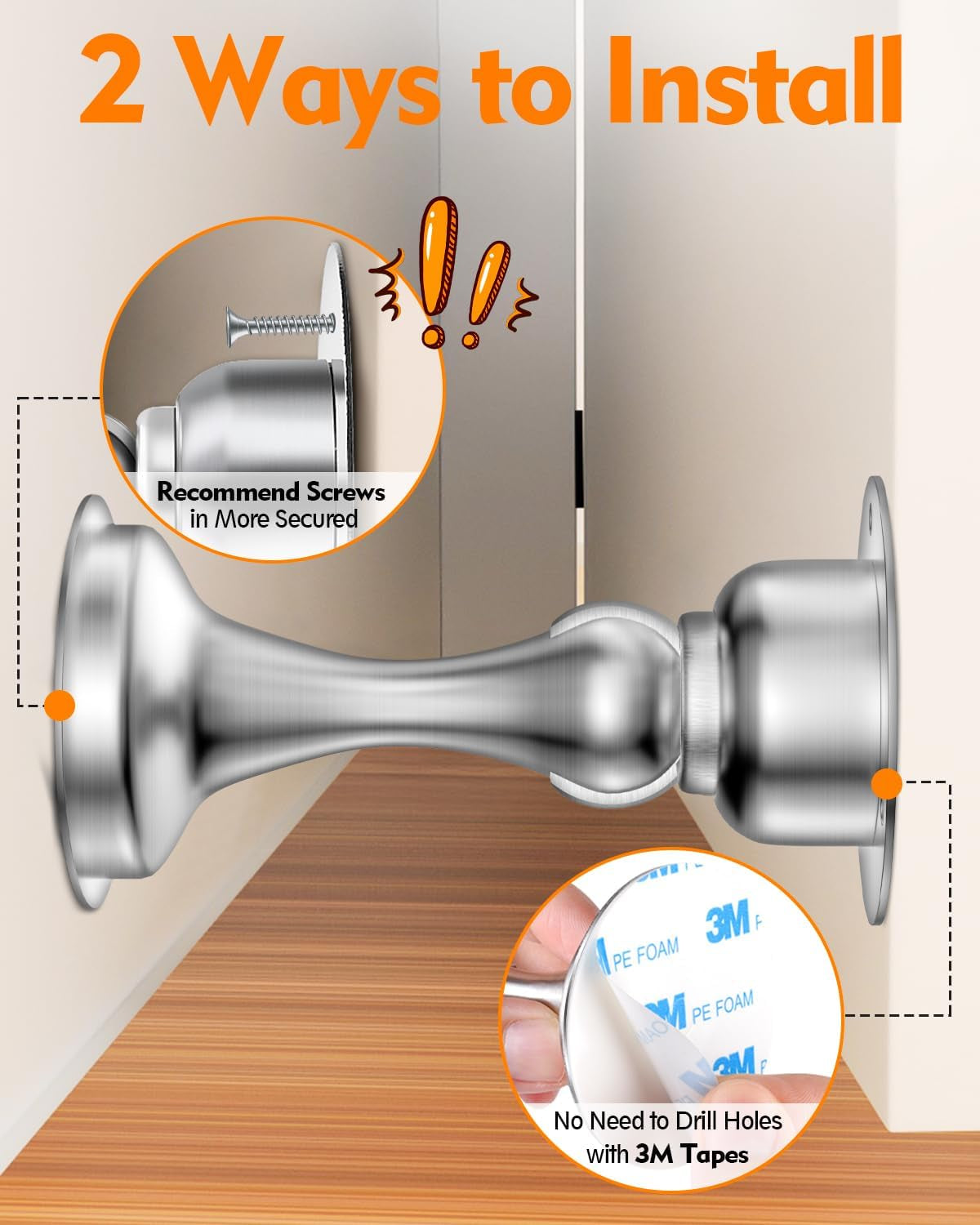 Door Stoppers Magnetic Door Catch, Stainless Steel Magnetic Door Stop 2 Pack, Double-Sided Adhesive Tape, No Drilling, Screws for Stronger Mount, Holder Your Door Open for Wide Doors