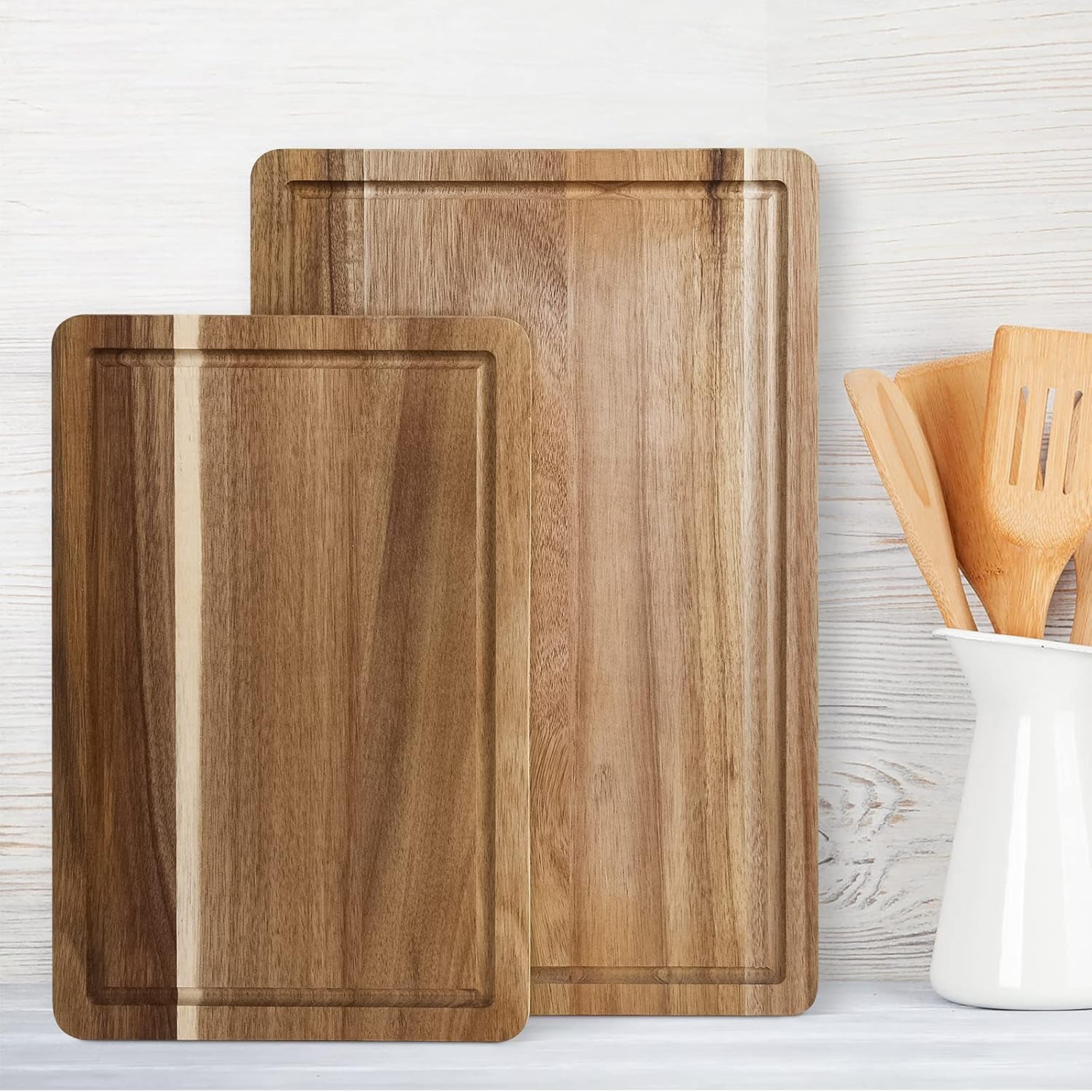 Acacia Wood Cutting Board Set with Juice Groove and Handles - Reversible Chopping Boards for Meat, Vegetables, Fruits, Bread, and Cheese (2 Piece)