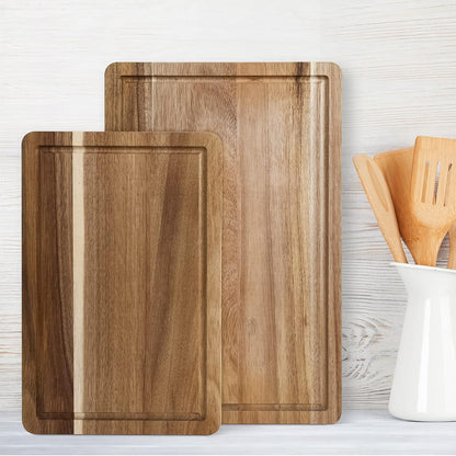 Acacia Wood Cutting Board Set with Juice Groove and Handles - Reversible Chopping Boards for Meat, Vegetables, Fruits, Bread, and Cheese (2 Piece)