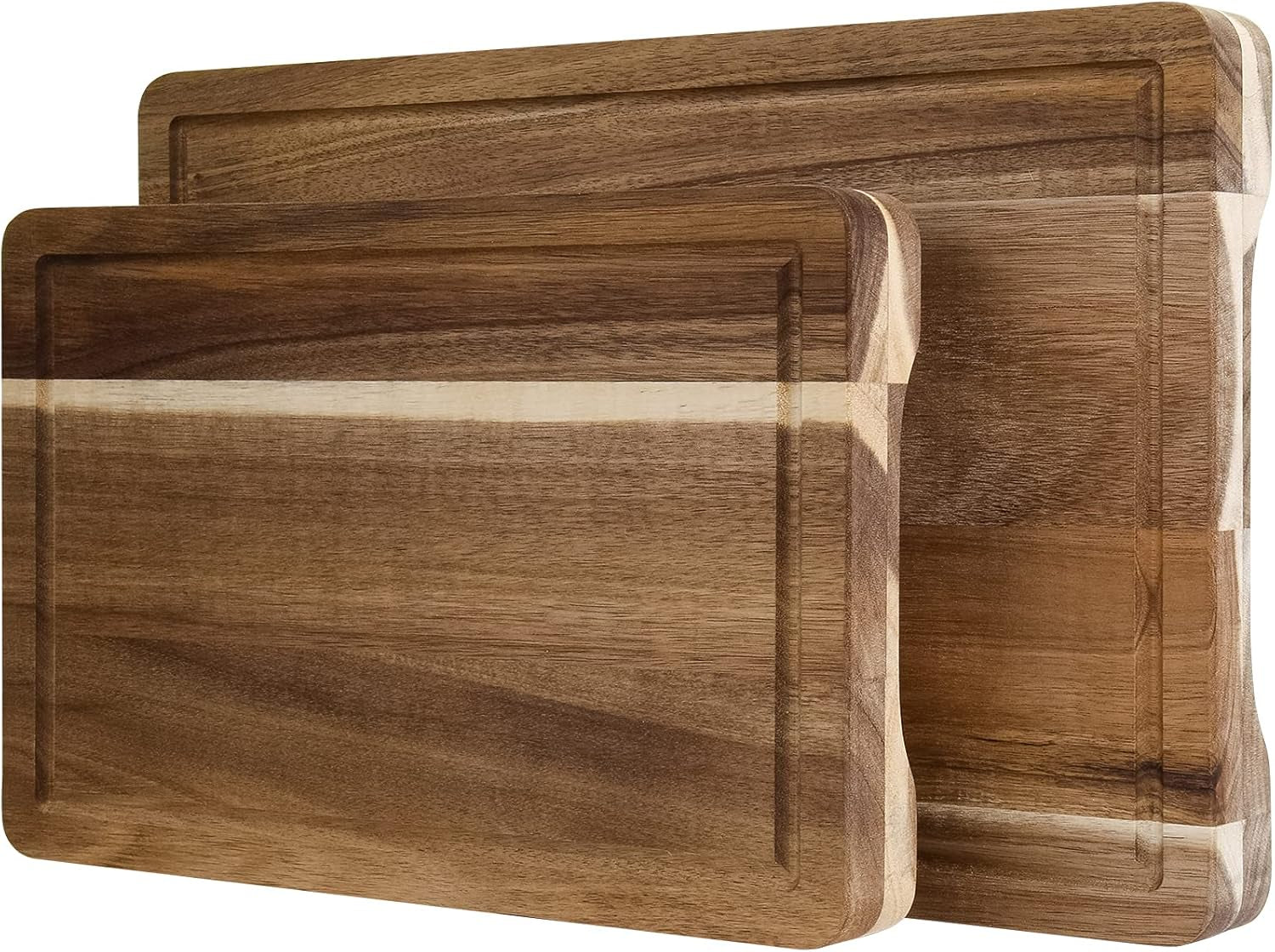 Acacia Wood Cutting Board Set with Juice Groove and Handles - Reversible Chopping Boards for Meat, Vegetables, Fruits, Bread, and Cheese (2 Piece)
