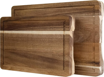 Acacia Wood Cutting Board Set with Juice Groove and Handles - Reversible Chopping Boards for Meat, Vegetables, Fruits, Bread, and Cheese (2 Piece)