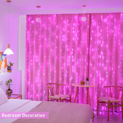 300 LED Curtain Lights Plug in with Remote, 9.8X9.8FT Pink Christmas Lights Indoor, 8 Modes Pink String Lights for Bedroom Window Wall Party Backdrop Xmas Valentine Decorations