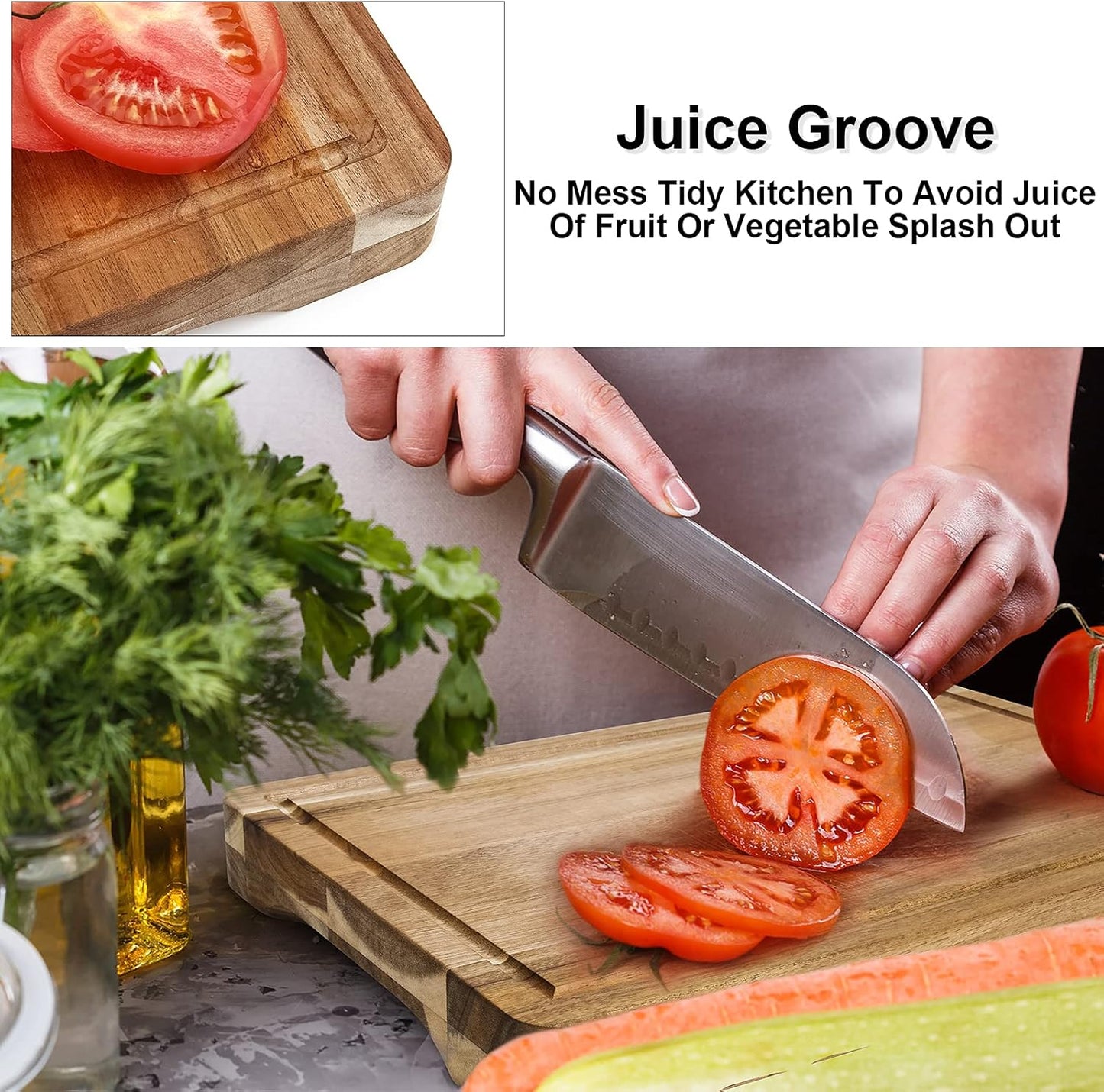 Acacia Wood Cutting Board Set with Juice Groove and Handles - Reversible Chopping Boards for Meat, Vegetables, Fruits, Bread, and Cheese (2 Piece)