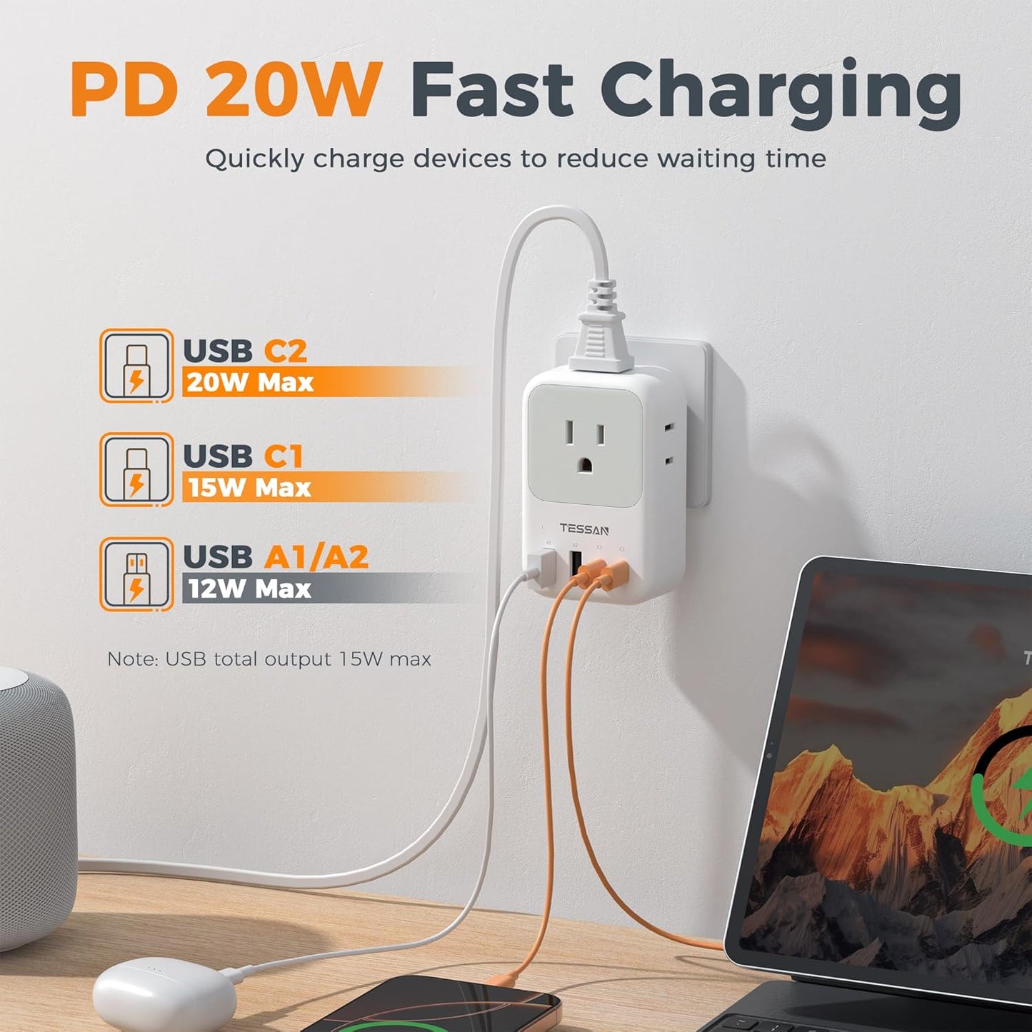 USB C Charger Block 20W,  PD Fast Charging Adapter with Foldable Plug, 1875W Power Outlet Extender(4 AC and 4 USB) for Cruise, Home, Office, Dorm