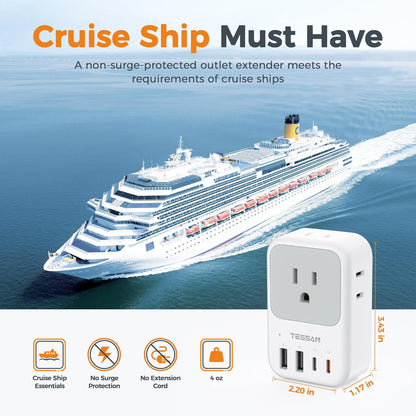 USB C Charger Block 20W,  PD Fast Charging Adapter with Foldable Plug, 1875W Power Outlet Extender(4 AC and 4 USB) for Cruise, Home, Office, Dorm