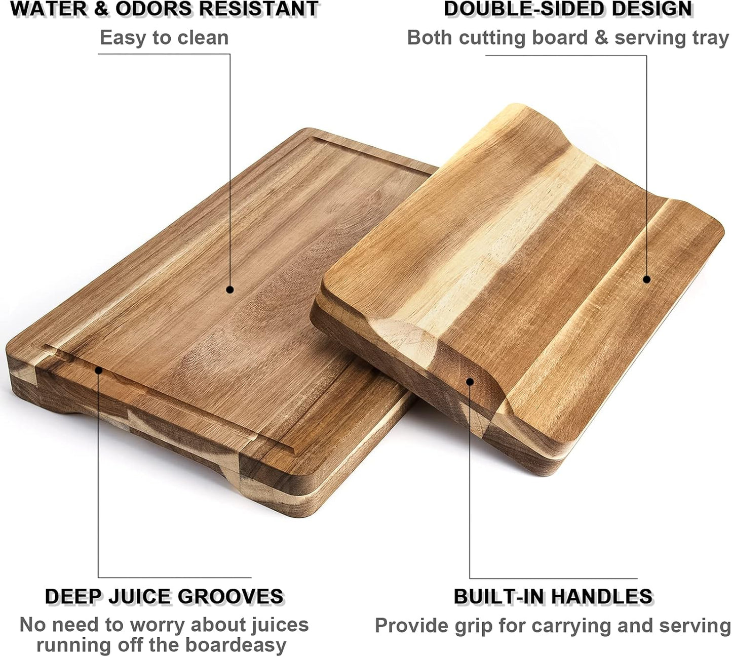Acacia Wood Cutting Board Set with Juice Groove and Handles - Reversible Chopping Boards for Meat, Vegetables, Fruits, Bread, and Cheese (2 Piece)