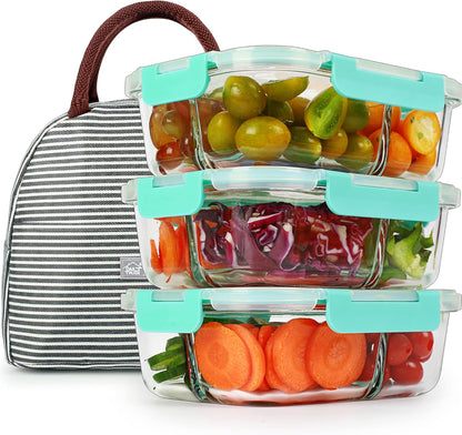 3 Pack 36Oz Bento Box Glass Meal Prep Containers with 3 Compartments, Glass Food Storage Containers with Lids, Meal Prep Bowls, Lunch Box, Oven & Microwave Safe