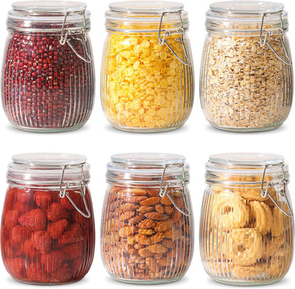 17Oz Airtight Glass Storage Jars with Lids - Set of 6 Clear Canisters with Wire Clip Fastening for Kitchen Canning and Pickling
