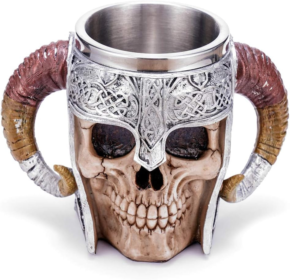 Stainless Steel Viking Skull Mug+Coaster,Double Handle Horn Skull Beer Mug Tankard, Medieval Drinkware Mug for Coffee/Beverage/Juice17Oz.