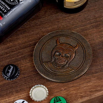 Stainless Steel Viking Skull Mug+Coaster,Double Handle Horn Skull Beer Mug Tankard, Medieval Drinkware Mug for Coffee/Beverage/Juice17Oz.