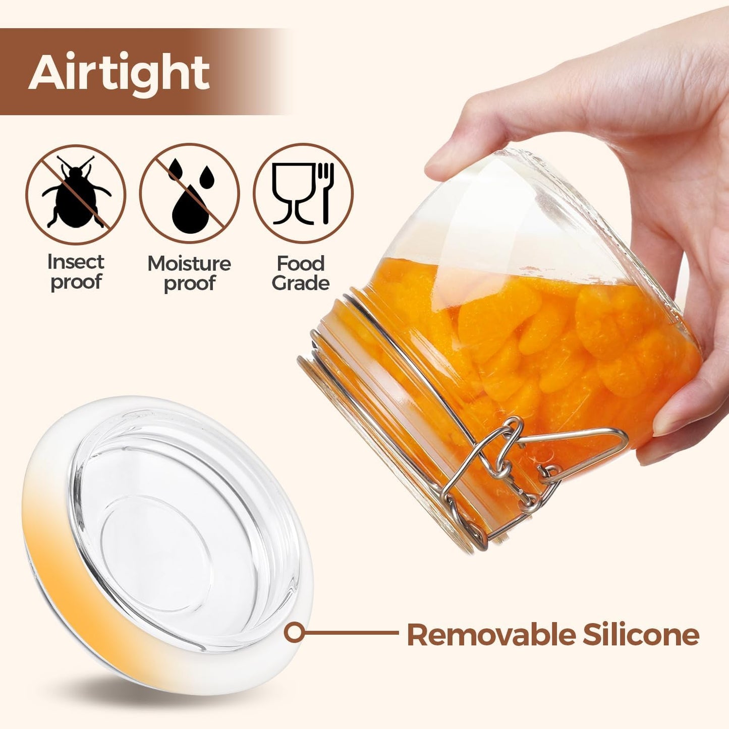 17Oz Airtight Glass Storage Jars with Lids - Set of 6 Clear Canisters with Wire Clip Fastening for Kitchen Canning and Pickling