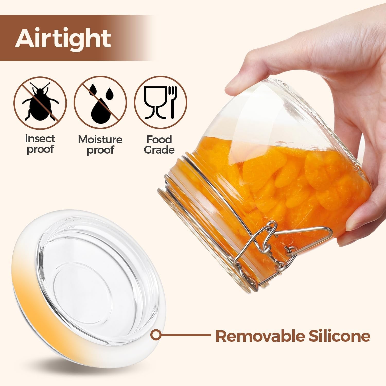 17Oz Airtight Glass Storage Jars with Lids - Set of 6 Clear Canisters with Wire Clip Fastening for Kitchen Canning and Pickling