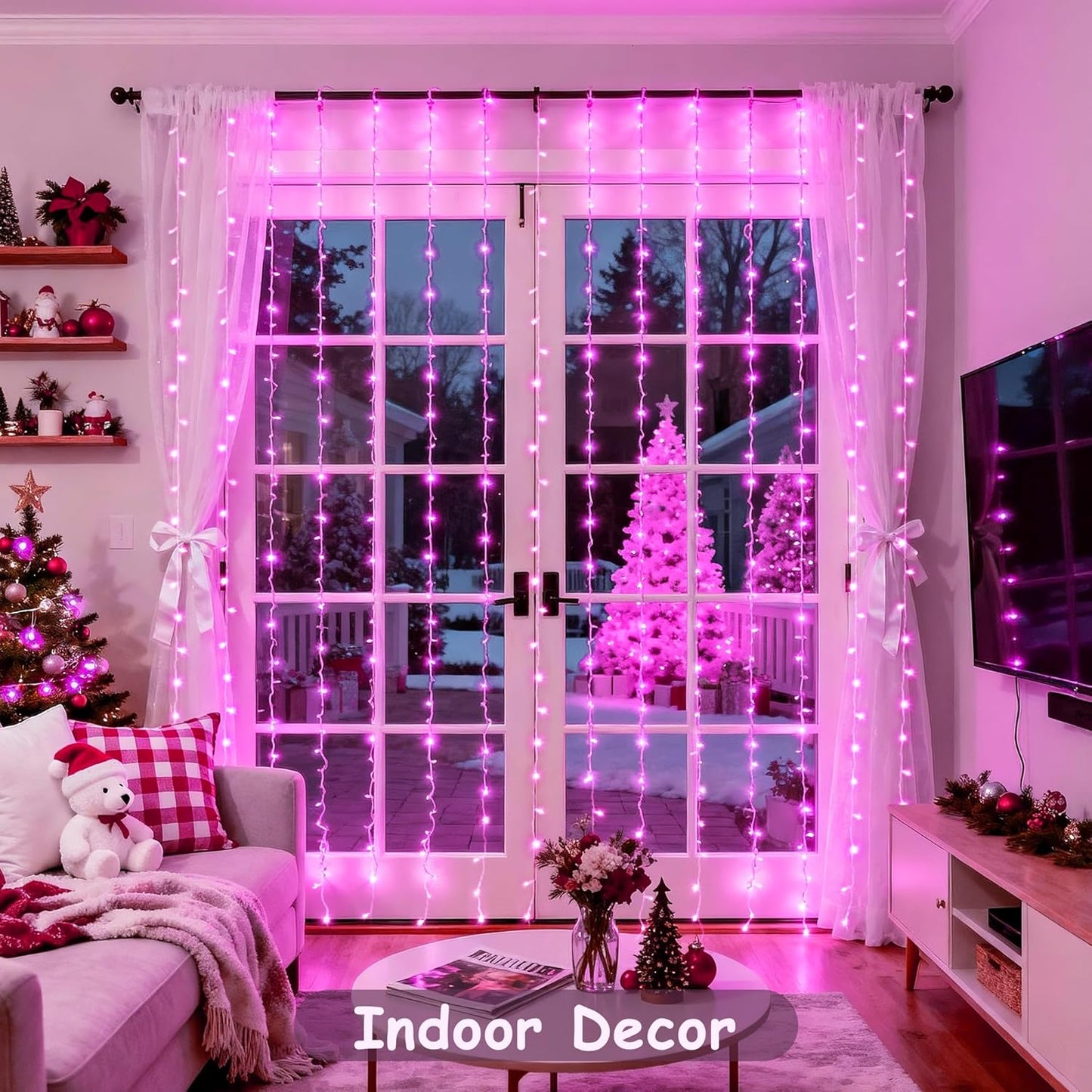 300 LED Curtain Lights Plug in with Remote, 9.8X9.8FT Pink Christmas Lights Indoor, 8 Modes Pink String Lights for Bedroom Window Wall Party Backdrop Xmas Valentine Decorations