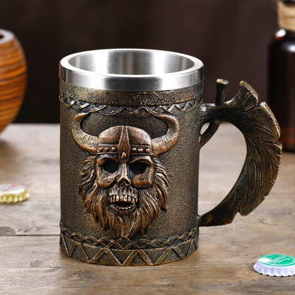 Stainless Steel Viking Skull Mug+Coaster,Double Handle Horn Skull Beer Mug Tankard, Medieval Drinkware Mug for Coffee/Beverage/Juice17Oz.