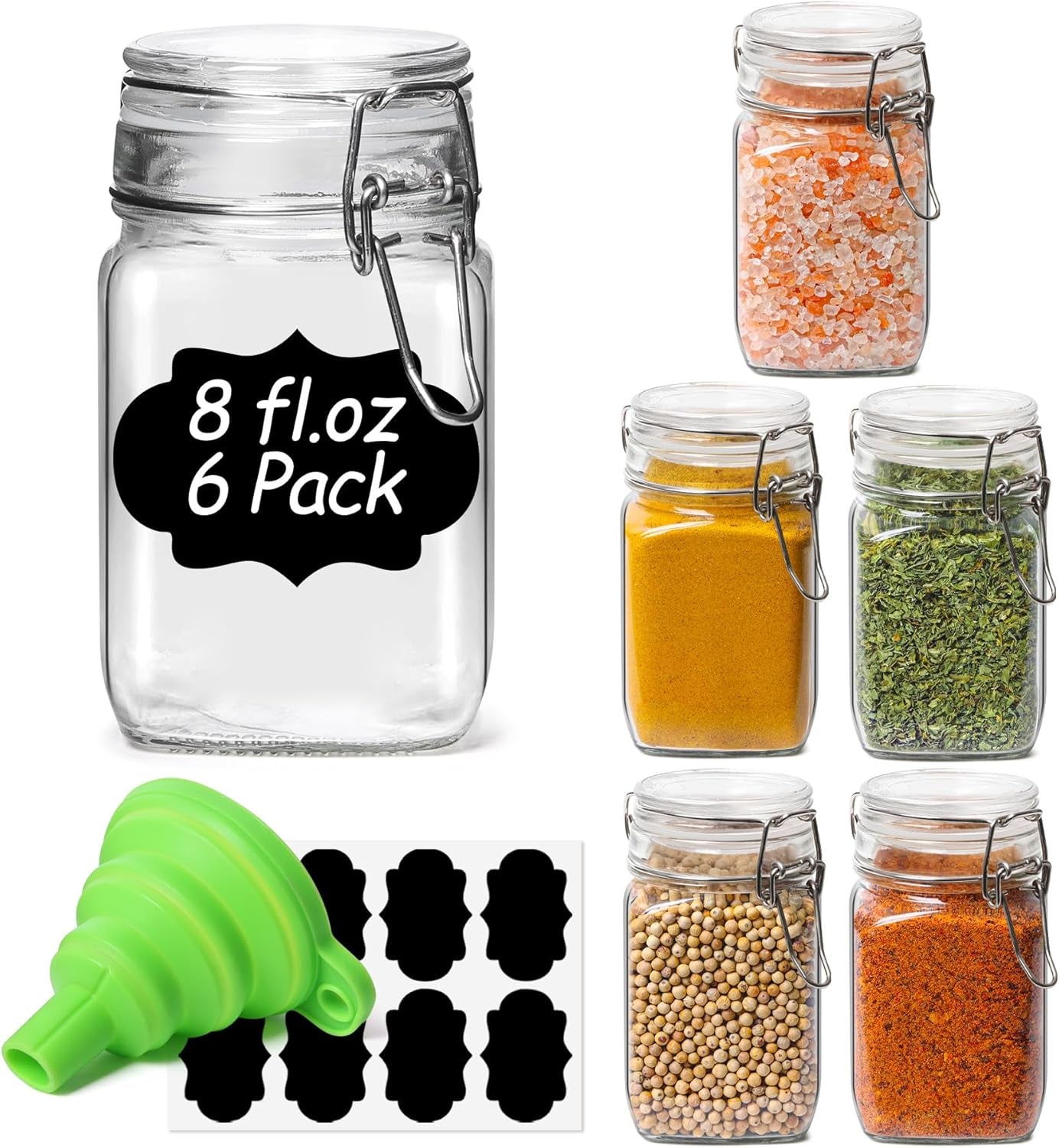 17Oz Airtight Glass Storage Jars with Lids - Set of 6 Clear Canisters with Wire Clip Fastening for Kitchen Canning and Pickling