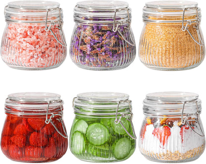 17Oz Airtight Glass Storage Jars with Lids - Set of 6 Clear Canisters with Wire Clip Fastening for Kitchen Canning and Pickling