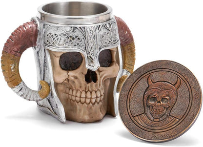 Stainless Steel Viking Skull Mug+Coaster,Double Handle Horn Skull Beer Mug Tankard, Medieval Drinkware Mug for Coffee/Beverage/Juice17Oz.