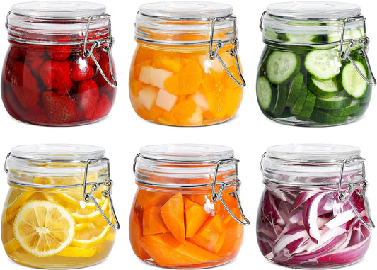 17Oz Airtight Glass Storage Jars with Lids - Set of 6 Clear Canisters with Wire Clip Fastening for Kitchen Canning and Pickling