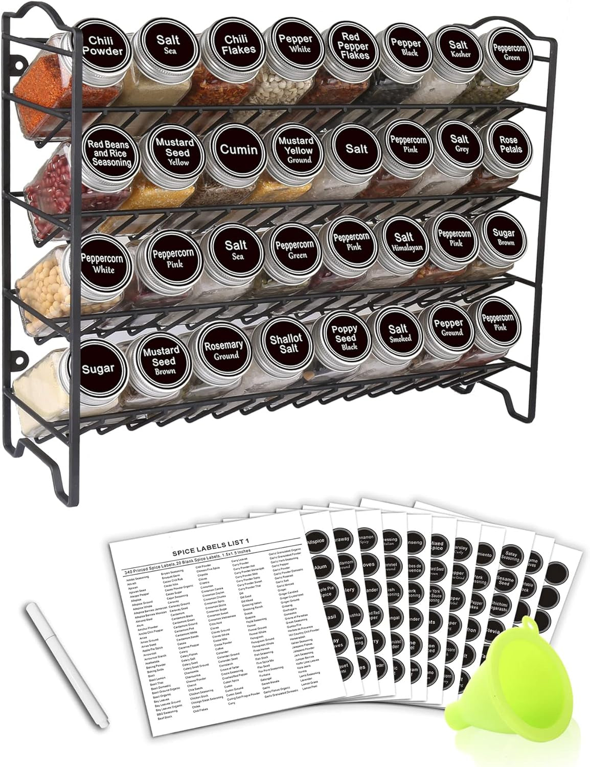Spice Rack Organizer with 24 Empty Glass Spice Jars, 396 Spice Labels with Chalk Marker and Funnel Complete Set, for Countertop, Cabinet or Wall Mount, Silver