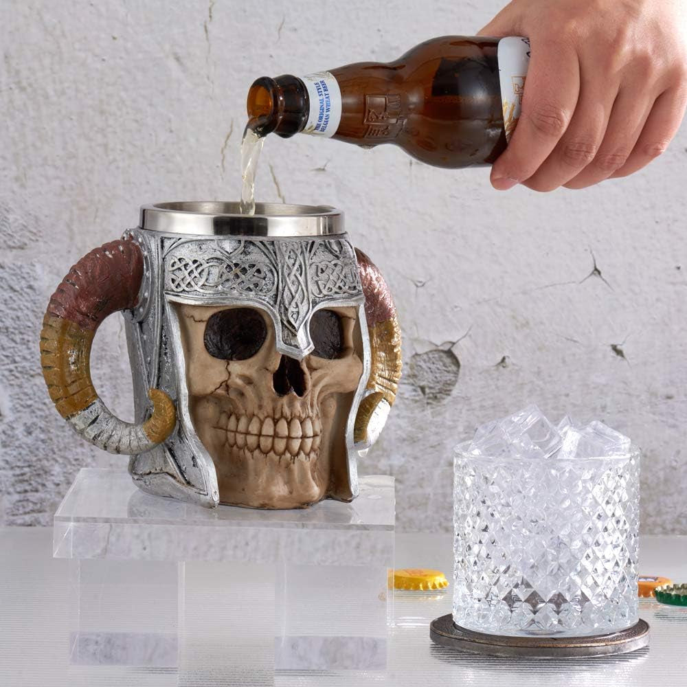 Stainless Steel Viking Skull Mug+Coaster,Double Handle Horn Skull Beer Mug Tankard, Medieval Drinkware Mug for Coffee/Beverage/Juice17Oz.