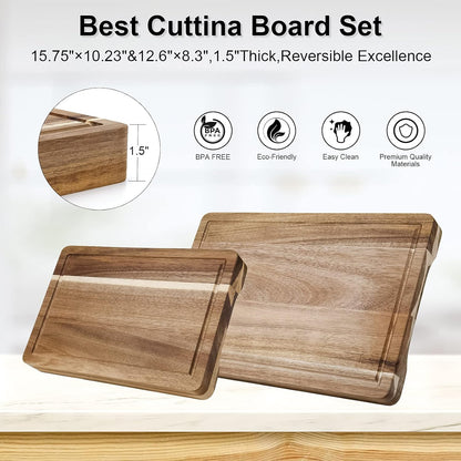 Acacia Wood Cutting Board Set with Juice Groove and Handles - Reversible Chopping Boards for Meat, Vegetables, Fruits, Bread, and Cheese (2 Piece)