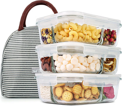3 Pack 36Oz Bento Box Glass Meal Prep Containers with 3 Compartments, Glass Food Storage Containers with Lids, Meal Prep Bowls, Lunch Box, Oven & Microwave Safe
