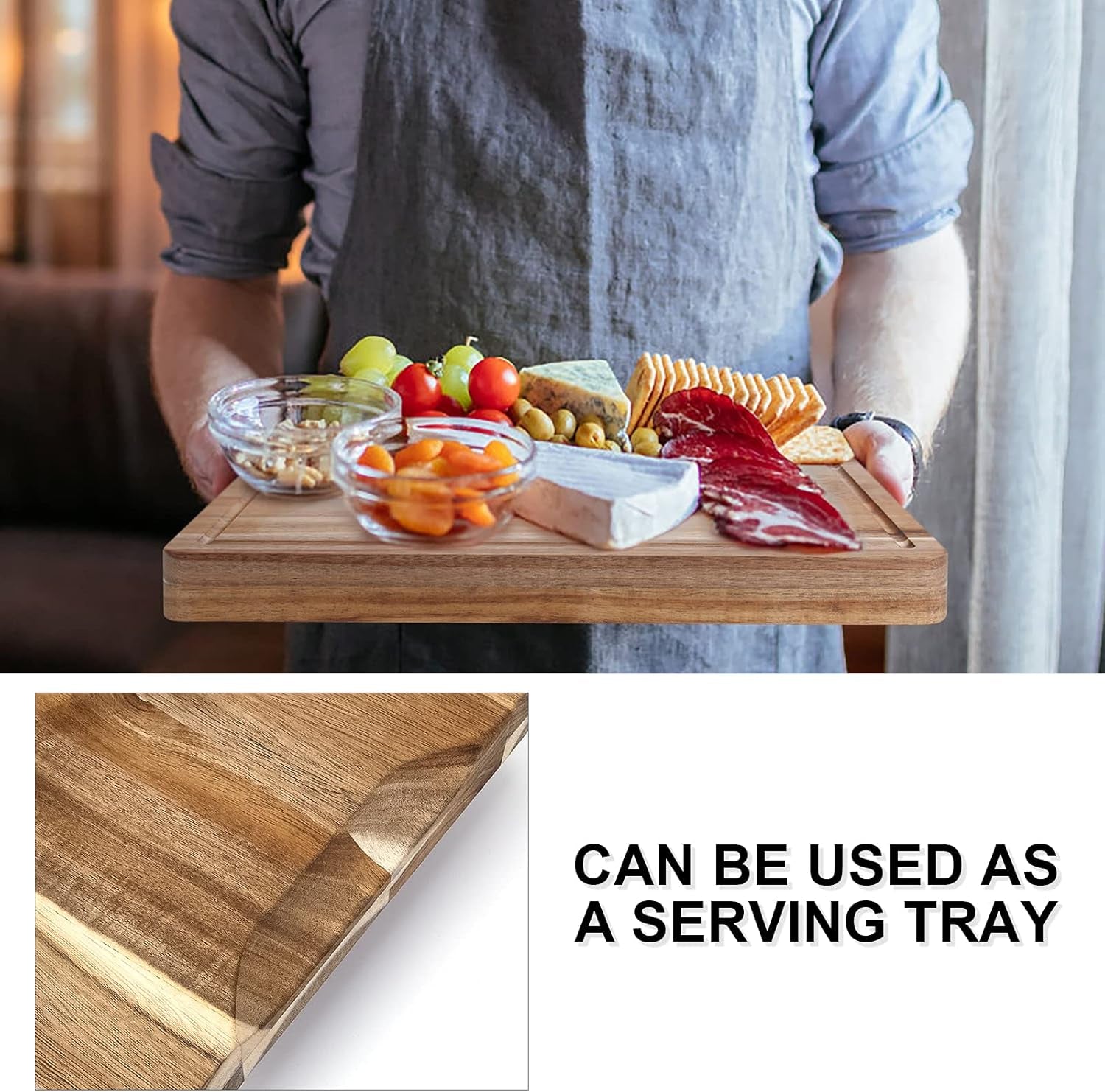 Acacia Wood Cutting Board Set with Juice Groove and Handles - Reversible Chopping Boards for Meat, Vegetables, Fruits, Bread, and Cheese (2 Piece)