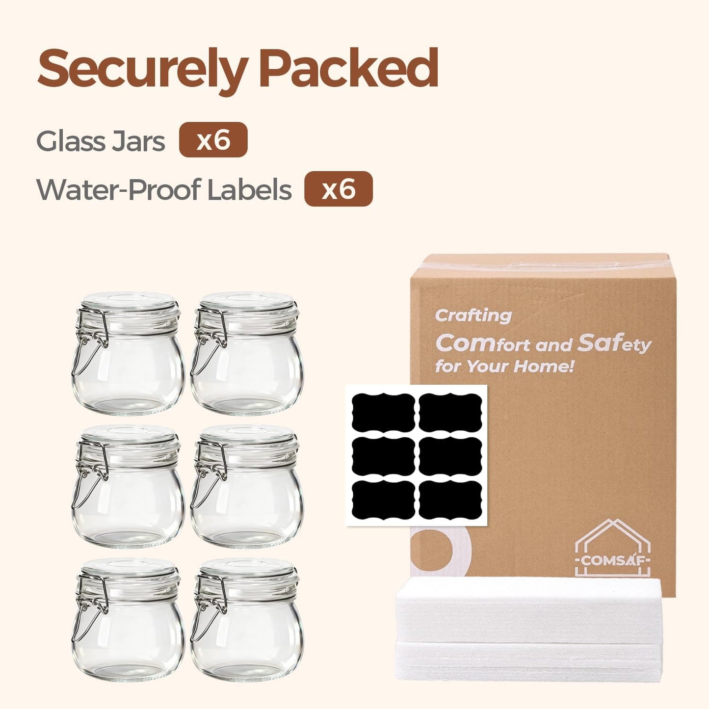 17Oz Airtight Glass Storage Jars with Lids - Set of 6 Clear Canisters with Wire Clip Fastening for Kitchen Canning and Pickling