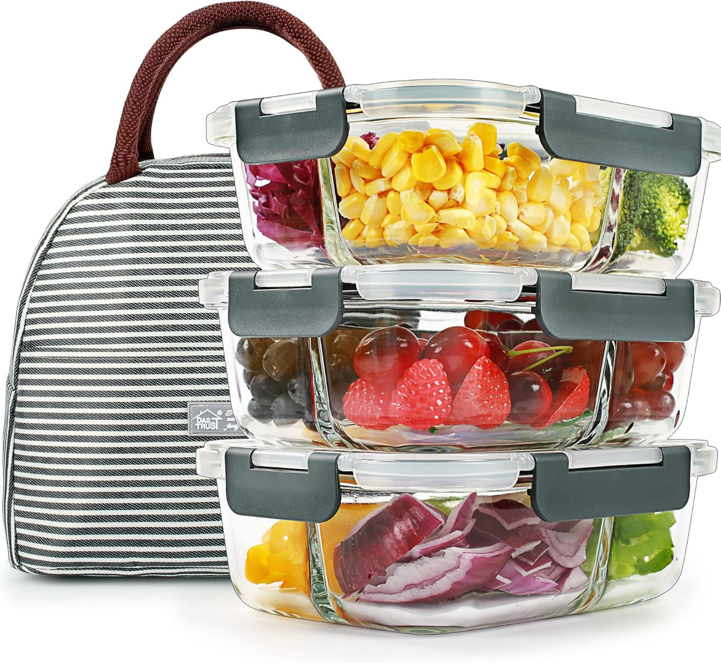 3 Pack 36Oz Bento Box Glass Meal Prep Containers with 3 Compartments, Glass Food Storage Containers with Lids, Meal Prep Bowls, Lunch Box, Oven & Microwave Safe