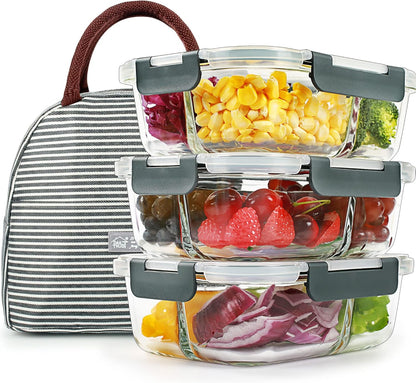 3 Pack 36Oz Bento Box Glass Meal Prep Containers with 3 Compartments, Glass Food Storage Containers with Lids, Meal Prep Bowls, Lunch Box, Oven & Microwave Safe
