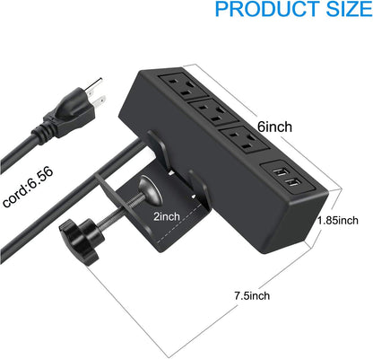 3 Outlet Desk Clamp Power Strip with USB Ports, Desktop Power Strip Surge Protector 1200J. Table Mount Charging Power Station, on Edge Power Outlet 125V 12A 1500W.