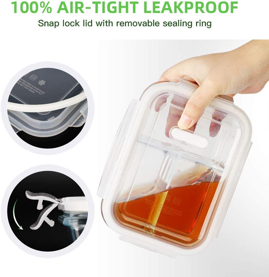 3 Pack 36Oz Bento Box Glass Meal Prep Containers with 3 Compartments, Glass Food Storage Containers with Lids, Meal Prep Bowls, Lunch Box, Oven & Microwave Safe