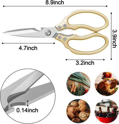Kitchen Scissors All Purpose Heavy Duty, Ultra Sharp Stainless Steel Kitchen Shears Dishwasher Safe, Cooking Shears for Chicken, Poultry, Fish, Meat, Herbs & Grapes with Non-Slip Grips - Gold