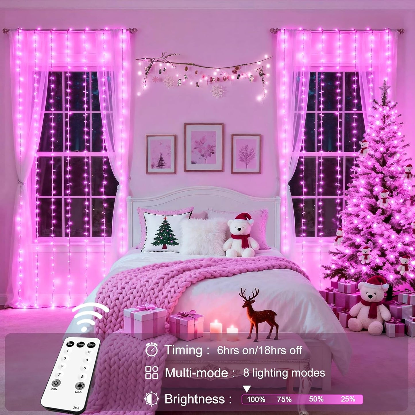 300 LED Curtain Lights Plug in with Remote, 9.8X9.8FT Pink Christmas Lights Indoor, 8 Modes Pink String Lights for Bedroom Window Wall Party Backdrop Xmas Valentine Decorations