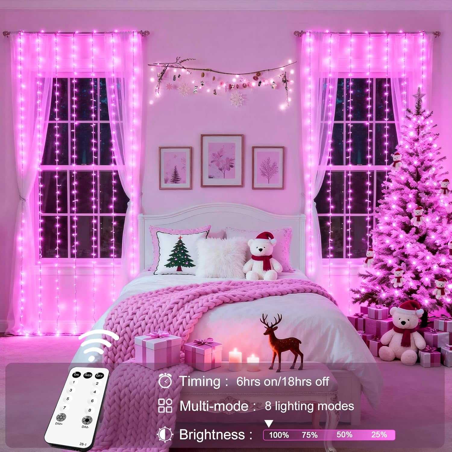 300 LED Curtain Lights Plug in with Remote, 9.8X9.8FT Pink Christmas Lights Indoor, 8 Modes Pink String Lights for Bedroom Window Wall Party Backdrop Xmas Valentine Decorations