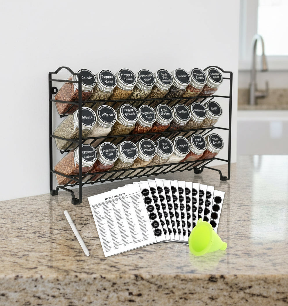 Spice Rack Organizer with 24 Empty Glass Spice Jars, 396 Spice Labels with Chalk Marker and Funnel Complete Set, for Countertop, Cabinet or Wall Mount, Silver