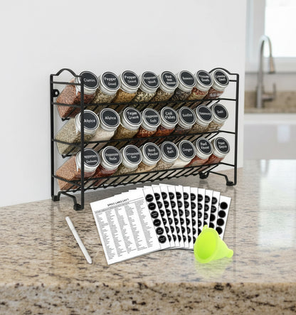 Spice Rack Organizer with 24 Empty Glass Spice Jars, 396 Spice Labels with Chalk Marker and Funnel Complete Set, for Countertop, Cabinet or Wall Mount, Silver