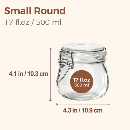 17Oz Airtight Glass Storage Jars with Lids - Set of 6 Clear Canisters with Wire Clip Fastening for Kitchen Canning and Pickling